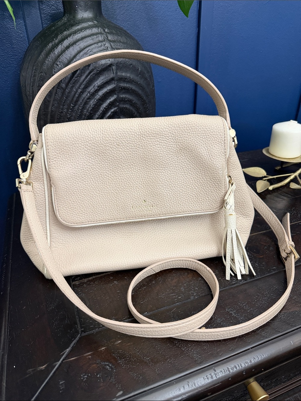 kate spade Cream Pebbled Leather Shoulder Bag with Tassel